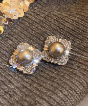 Boutique Grey Alloy Zircon Pearl Stud Earrings