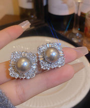 Boutique Grey Alloy Zircon Pearl Stud Earrings