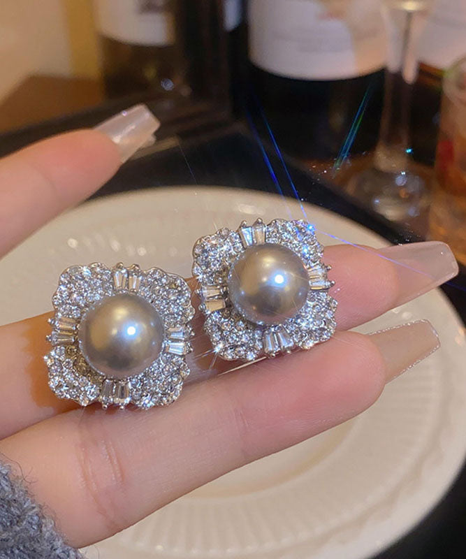 Boutique Grey Alloy Zircon Pearl Stud Earrings