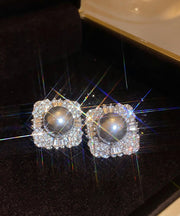 Boutique Grey Alloy Zircon Pearl Stud Earrings