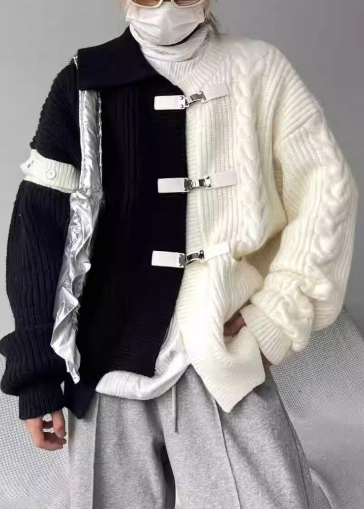 Boutique Grey Asymmetrical Buckle Patchwork Knit Sweaters Spring