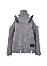 Boutique Grey Cold Shoulder Patchwork Woolen Sweaters Spring