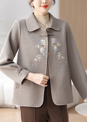 Boutique Grey Embroidered Oriental Button Woolen Coats Winter