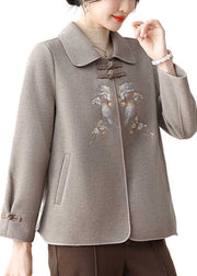 Boutique Grey Embroidered Oriental Button Woolen Coats Winter