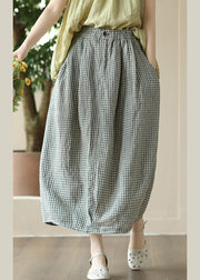 Boutique Grey Green Plaid Elastic Waist Linen Maxi Skirt Summer