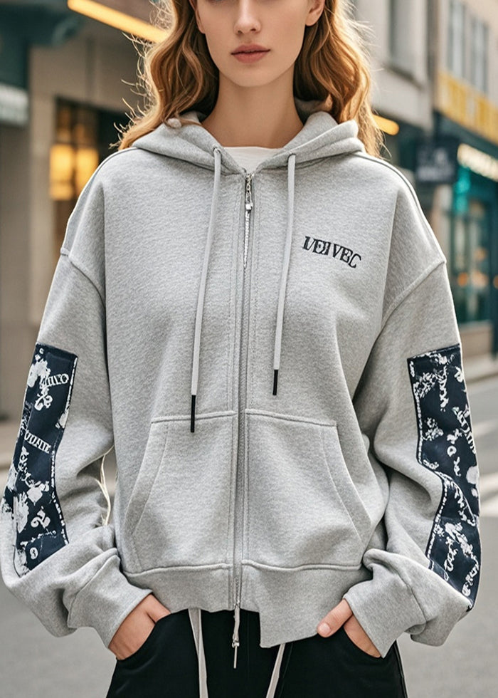 Boutique Grey Hooded Print Cotton Jackets Fall