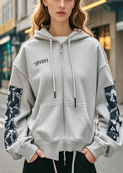 Boutique Grey Hooded Print Cotton Jackets Fall