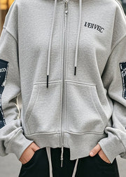 Boutique Grey Hooded Print Cotton Jackets Fall