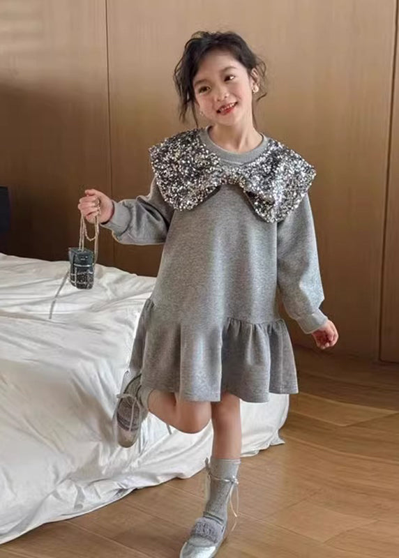 Boutique Grey Neck Sequins Girls Mid Dress Spring