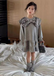 Boutique Grey Neck Sequins Girls Mid Dress Spring