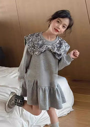 Boutique Grey Neck Sequins Girls Mid Dress Spring