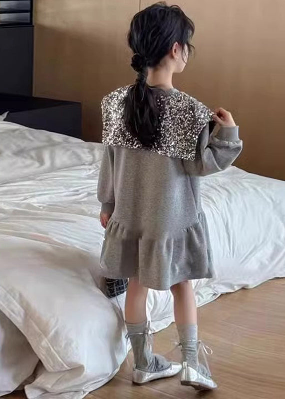 Boutique Grey Neck Sequins Girls Mid Dress Spring