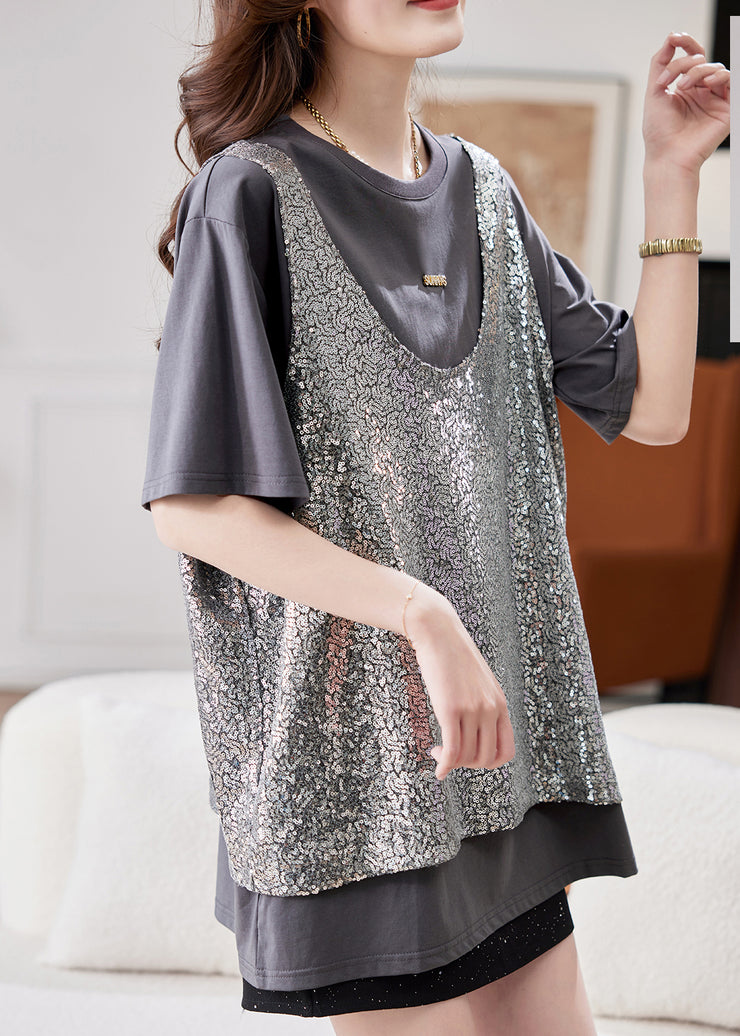 Boutique Grey O-Neck Sequins Patchwork Fake Two Pieces Silk T Shirt Short Sleeve