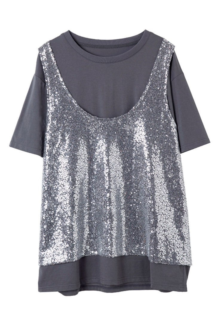 Boutique Grey O-Neck Sequins Patchwork Fake Two Pieces Silk T Shirt Short Sleeve