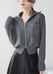 Boutique Grey Peter Pan Collar Pockets Knit Short Coat Winter