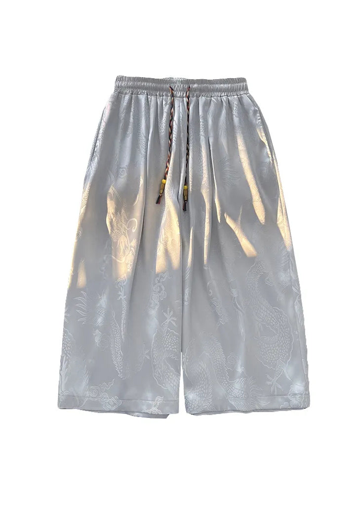 Boutique Grey Pockets Oriental Print Ice Silk Mens Crop Pants Summer