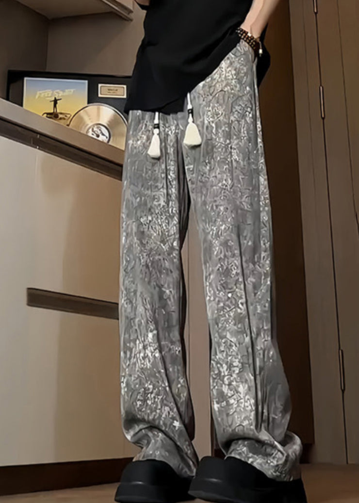 Boutique Grey Pockets Print Ice Silk Mens Trousers Summer