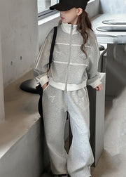 Boutique Grey Stand Collar Patchwork Girls Coats And Wide Leg Pants Two Pieces Sets Spring