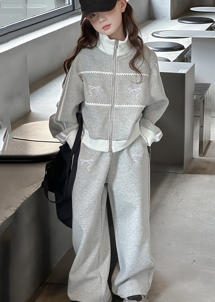 Boutique Grey Stand Collar Patchwork Girls Coats And Wide Leg Pants Two Pieces Sets Spring