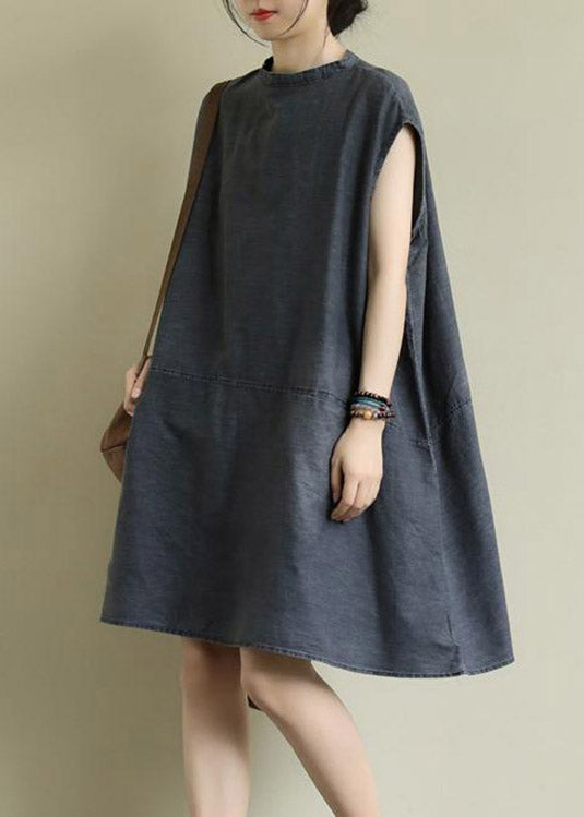 Boutique Grey Stand Collar Patchwork Solid Mid Dress Summer