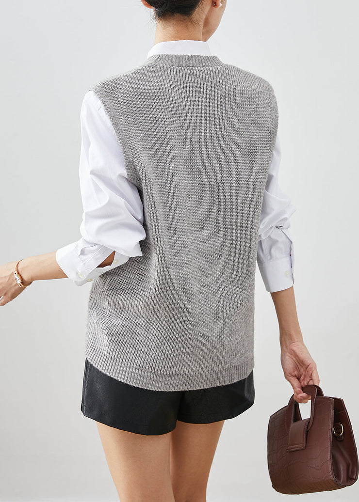 Boutique Grey V Neck Asymmetrical Design Knit Vests Fall