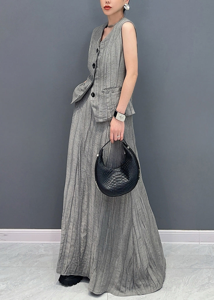 Boutique Grey V Neck Waistcoat And Skirts Two Pieces Set Sleeveless