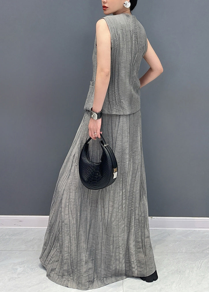 Boutique Grey V Neck Waistcoat And Skirts Two Pieces Set Sleeveless