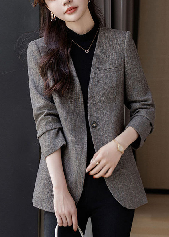 Boutique Grey V Neck Woolen Formal Coats Spring