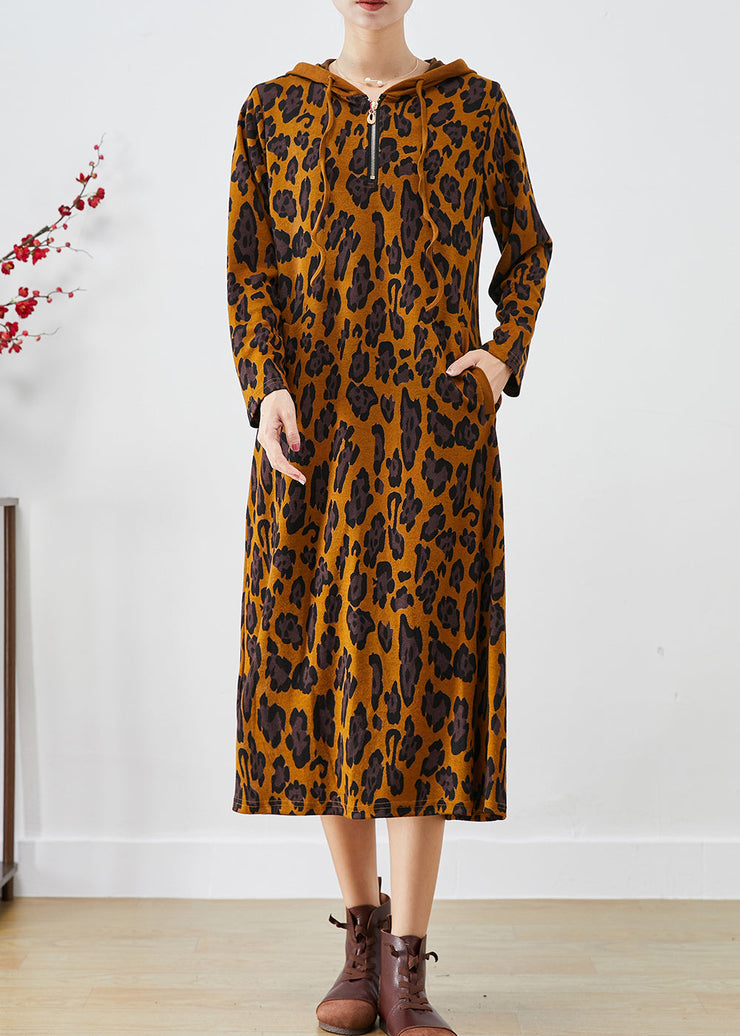 Boutique Hooded Leopard Print Cotton Maxi Dress Fall