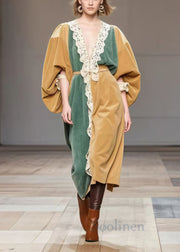 Boutique Khaki Oversized Patchwork Lace Silk Velvet Dresses Spring