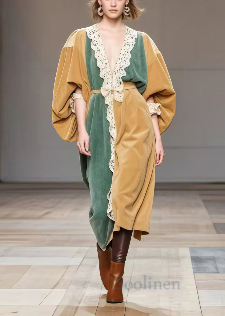 Boutique Khaki Oversized Patchwork Lace Silk Velvet Dresses Spring