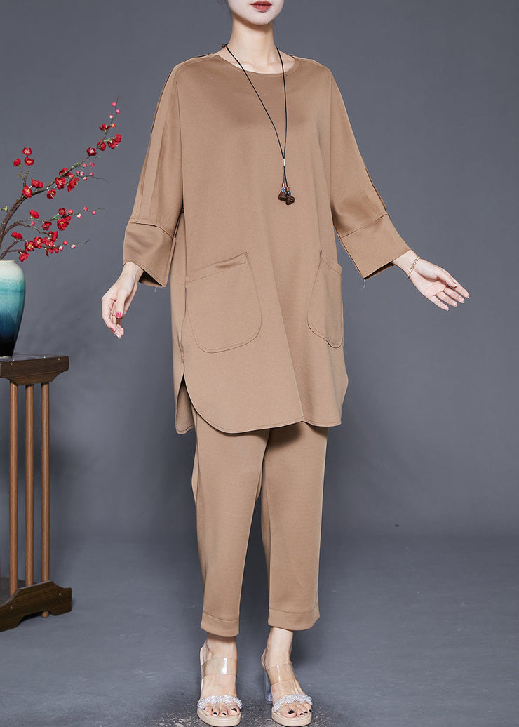 Boutique Khaki Oversized Pockets Cotton Sweatshirt Two Piece Suit Set Fall