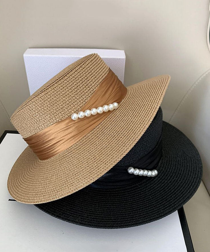 Boutique Khaki Pearl Straw Woven Beach Floppy Sun Hat