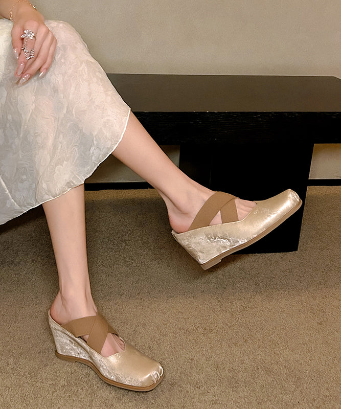 Boutique Khaki Splicing Cross Strap High Wedge Heels Slide Sandals