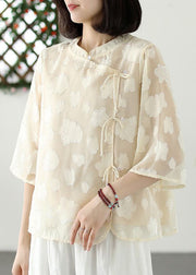 Boutique Khaki Stand Collar Jacquard Tulle Shirt Summer