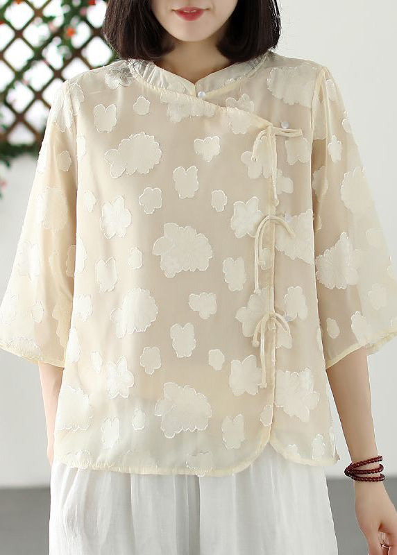 Boutique Khaki Stand Collar Jacquard Tulle Shirt Summer