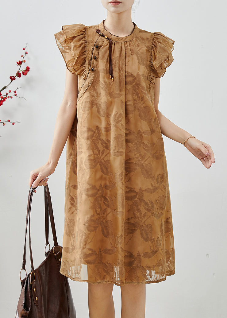 Boutique Khaki Tasseled Print Silk Day Dress Butterfly Sleeve