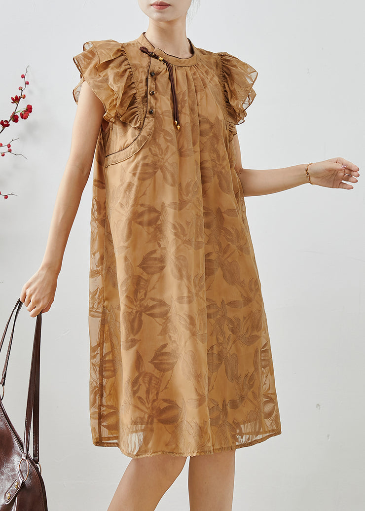 Boutique Khaki Tasseled Print Silk Day Dress Butterfly Sleeve