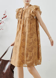 Boutique Khaki Tasseled Print Silk Day Dress Butterfly Sleeve