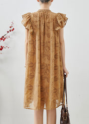 Boutique Khaki Tasseled Print Silk Day Dress Butterfly Sleeve