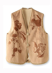 Boutique Khaki V Neck Embroidered Patchwork Woolen Vest Sleeveless