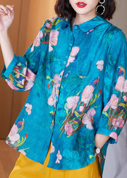 Boutique Lake Blue Peter Pan Collar Print Button Low High Design Ramie Linen Shirt Long Sleeve