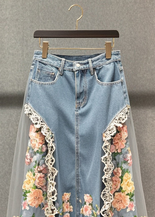 Boutique Light Blue Tulle Patchwork Flower Denim Skirts Fall