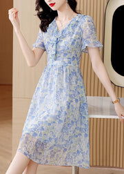 Boutique Light Blue V Neck Ruffled Print Chiffon Dresses Summer