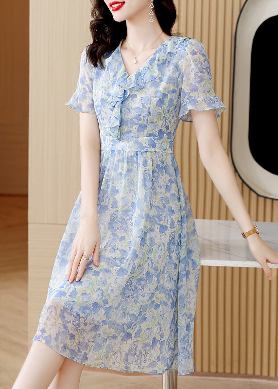 Boutique Light Blue V Neck Ruffled Print Chiffon Dresses Summer