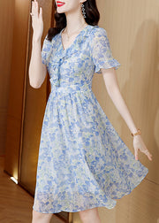 Boutique Light Blue V Neck Ruffled Print Chiffon Dresses Summer