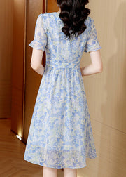 Boutique Light Blue V Neck Ruffled Print Chiffon Dresses Summer