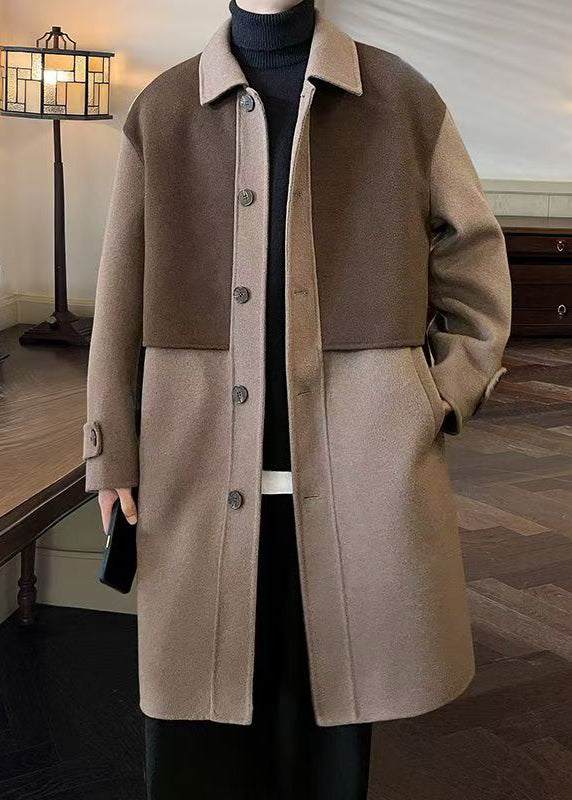 Boutique Light Brown Peter Pan Collar Pockets Woolen Mens Coats Winter