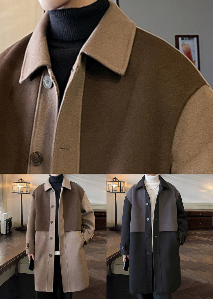 Boutique Light Brown Peter Pan Collar Pockets Woolen Mens Coats Winter