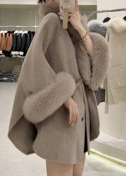 Boutique Light Camel Fur Collar Patchwork Cape Coat Winter